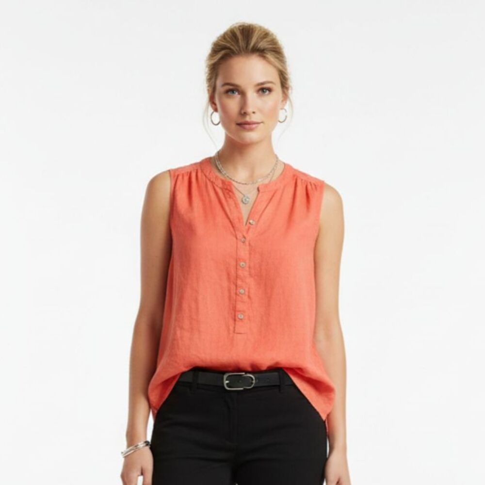 Tahari 100% Linen Orange Coral Sleeveless Blouse Top M